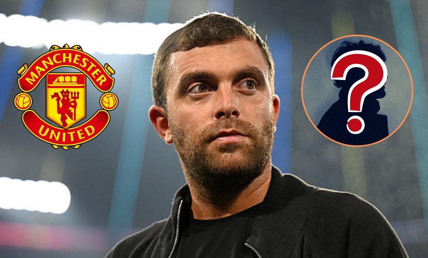 Fabrizio Romano with overlay of man united badge and mystery player