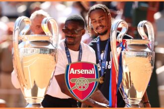 Bradley Barcola and Ousmane Dembele with their Champions League trophies