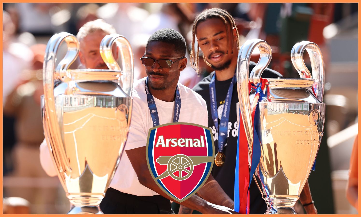 Bradley Barcola and Ousmane Dembele with their Champions League trophies