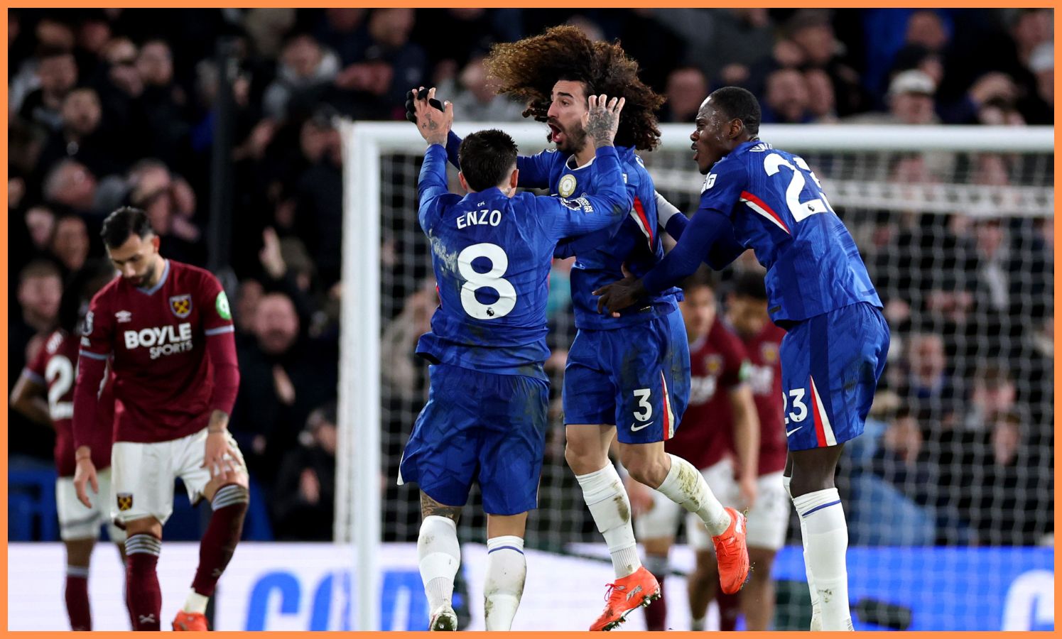 Marc Cucurella celebrates with his Chelsea teammates against West Ham