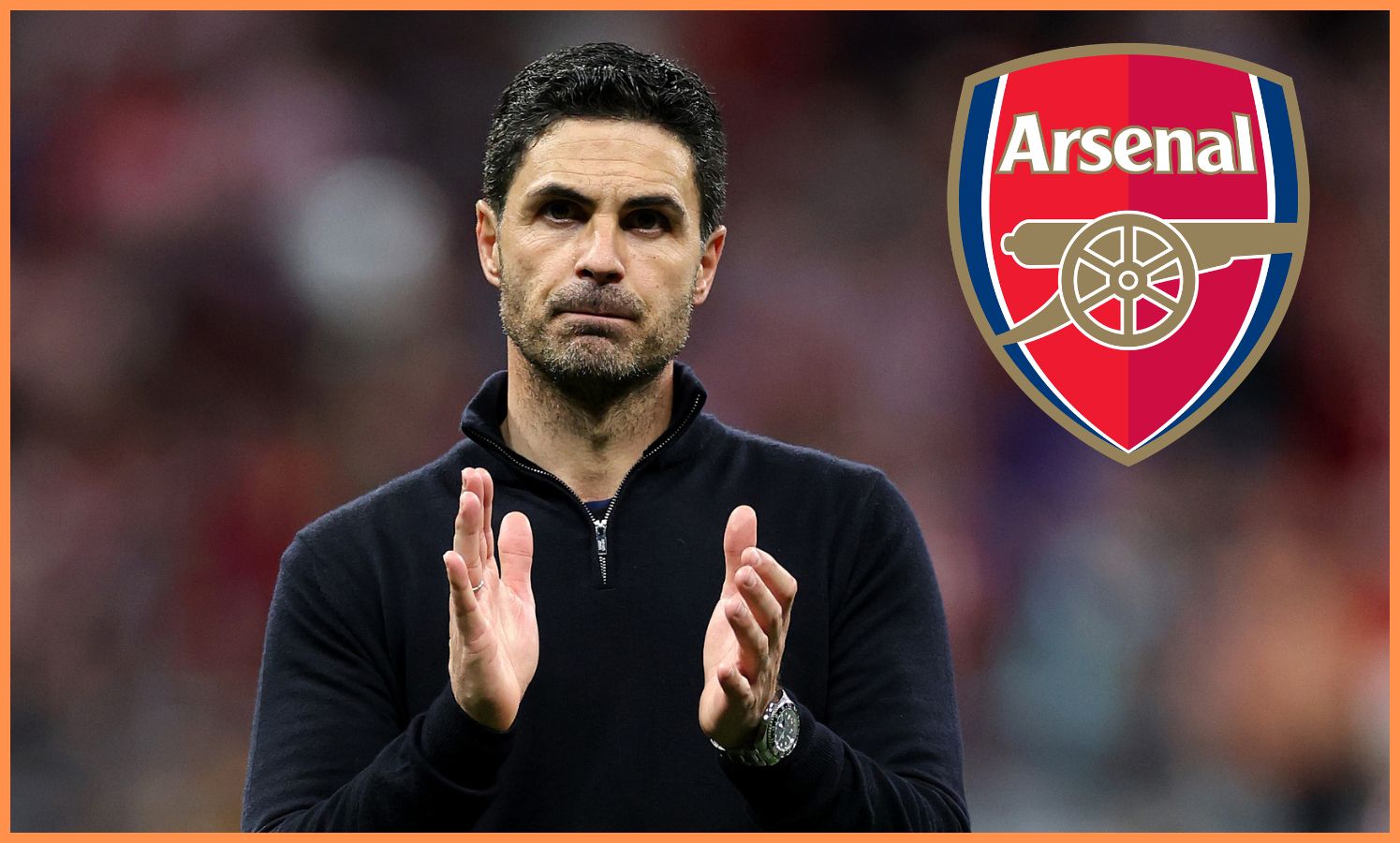 Mikel Arteta applauds the Arsenal fans after the Atletico Madrid game