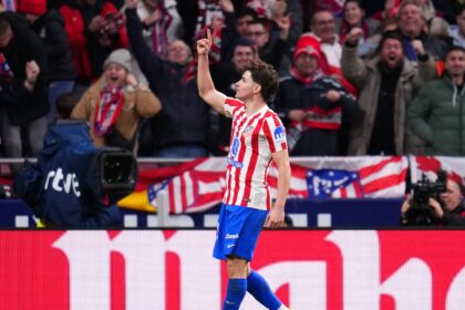 Julian Alvarez celebrates a goal for Atletico Madrid against Barcelona