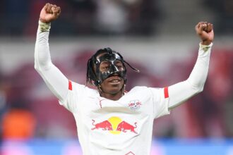 Yan Diomande celebrates a goal for RB Leipzig