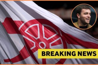 Arsenal flag with fabrizio romano overlay and breaking news overlay