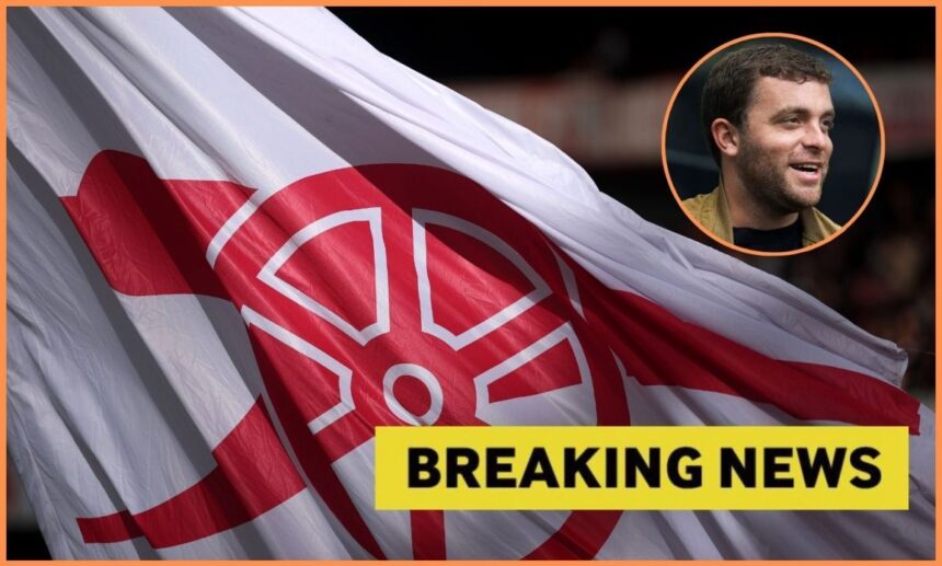Arsenal flag with fabrizio romano overlay and breaking news overlay