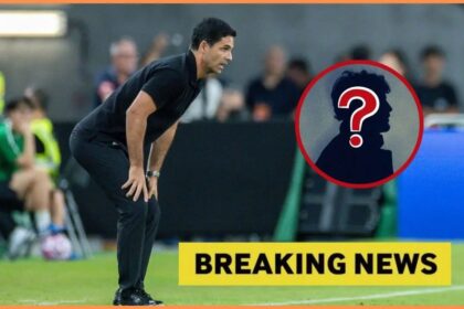 Mikel Arteta with breaking news overlay and mystery player