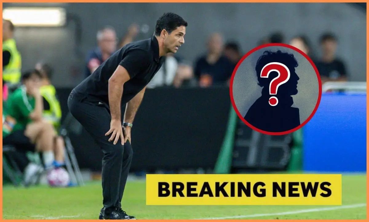 Mikel Arteta with breaking news overlay and mystery player