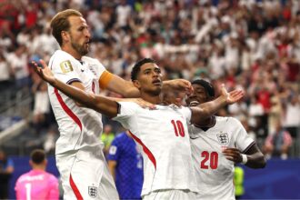 Jude Bellingham celebrates scoring for England vs Croatia