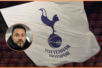 Tottenham logo on flag, and Roberto De Zerbi