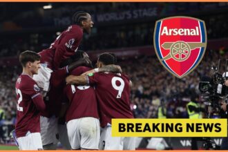 West Ham players celebrate, Arsenal logo, and breaking news banner