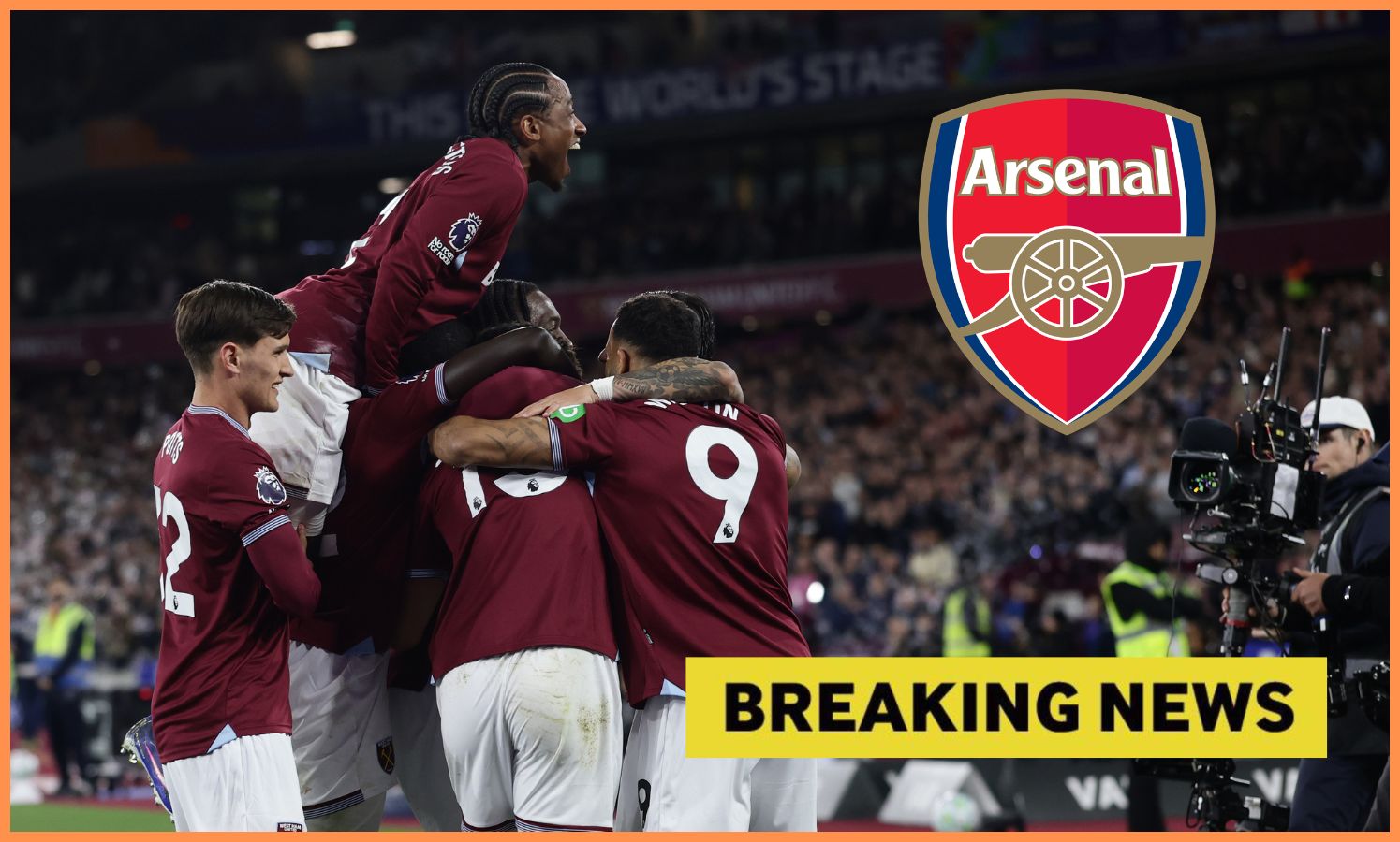 West Ham players celebrate, Arsenal logo, and breaking news banner
