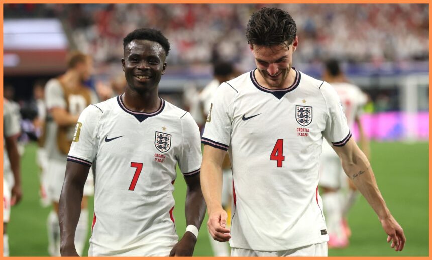 Bukayo Saka and Declan Rice react after England
