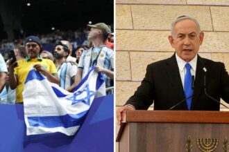 Split image of Argentina fans with Israeli flag and Benjamin Netanyahu
