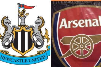 Split image of Newcastle badge and Arsenal badge