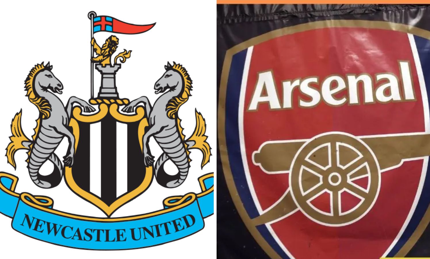 Split image of Newcastle badge and Arsenal badge