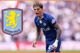 Alejandro Garnacho and Aston Villa badge