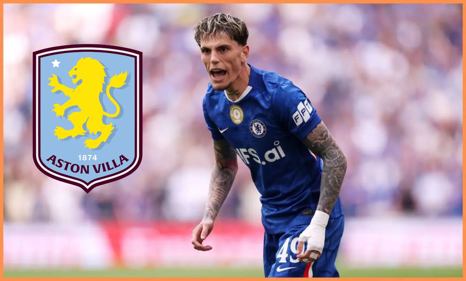 Alejandro Garnacho and Aston Villa badge