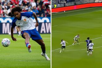 Split image of Zirkzee in action for Man United and screengrab from the goal