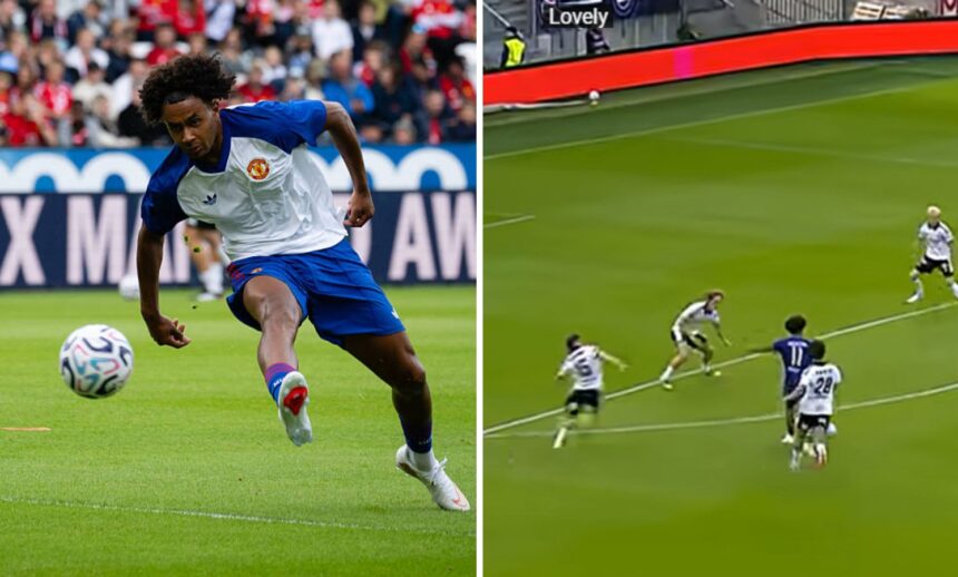 Split image of Zirkzee in action for Man United and screengrab from the goal