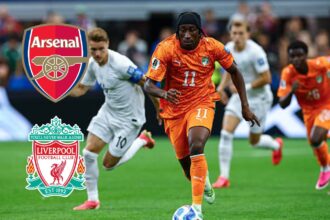 Yan Diomande in action with overlay of Arsenal and Livepool badges
