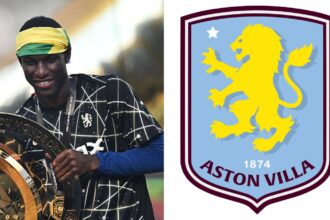 Nicolas Jackson celebrating Chelsea win and split image of Aston Villa logo