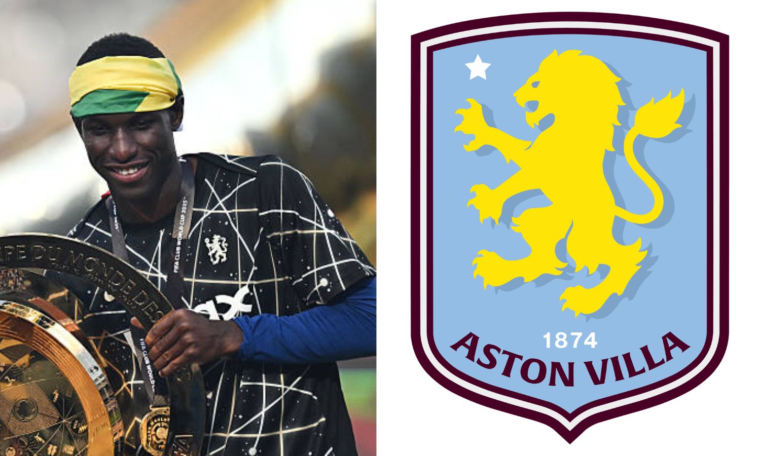 Nicolas Jackson celebrating Chelsea win and split image of Aston Villa logo