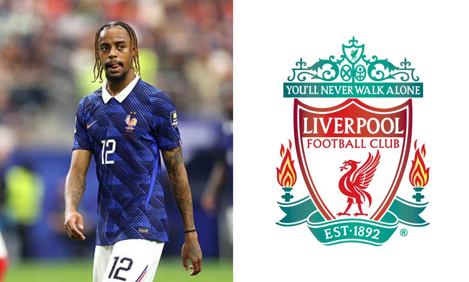 Bradley Barcola and Liverpool badge split image