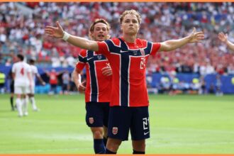 Andreas Schjelderup celebrates scoring for Norway vs England