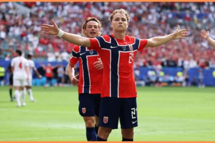 Andreas Schjelderup celebrates scoring for Norway vs England