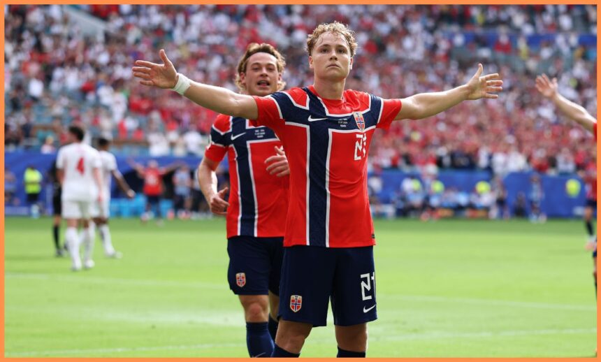 Andreas Schjelderup celebrates scoring for Norway vs England