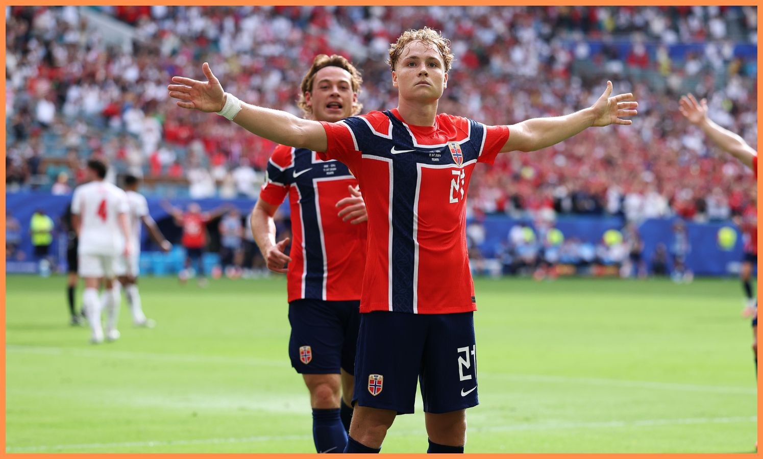 Andreas Schjelderup celebrates scoring for Norway vs England