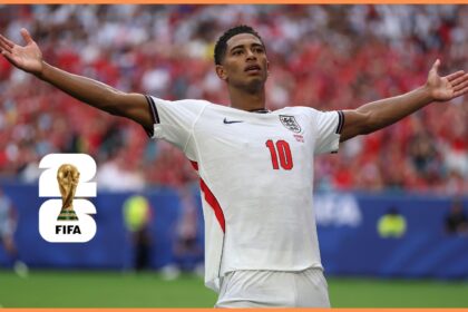 Jude Bellingham celebrates his second goal for England against Norway