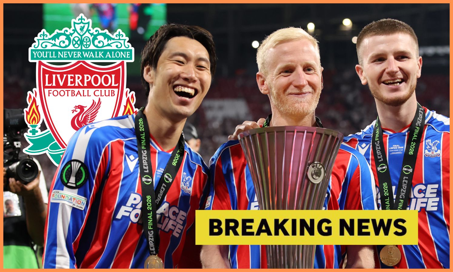 Adam Wharton celebrates with the Europa Conference League trophy
