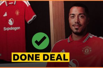 Youri Tielemans posing in a Manchester United kit