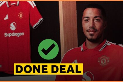 Youri Tielemans posing in a Manchester United kit