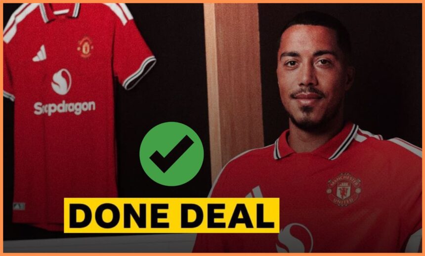 Youri Tielemans posing in a Manchester United kit