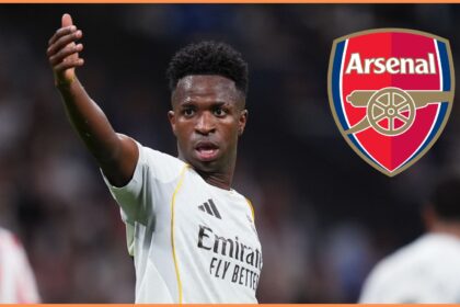 Vinicius Junior in action for Real Madrid, and Arsenal FC logo