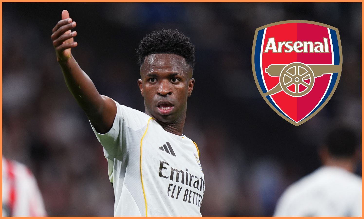 Vinicius Junior in action for Real Madrid, and Arsenal FC logo