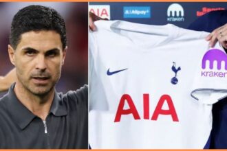 Mikel Arteta and a Tottenham shirt close-up