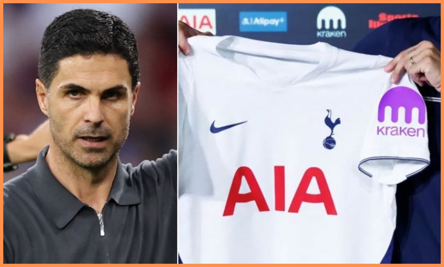 Mikel Arteta and a Tottenham shirt close-up