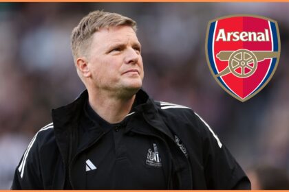 Eddie Howe looks on, and Arsenal FC logo