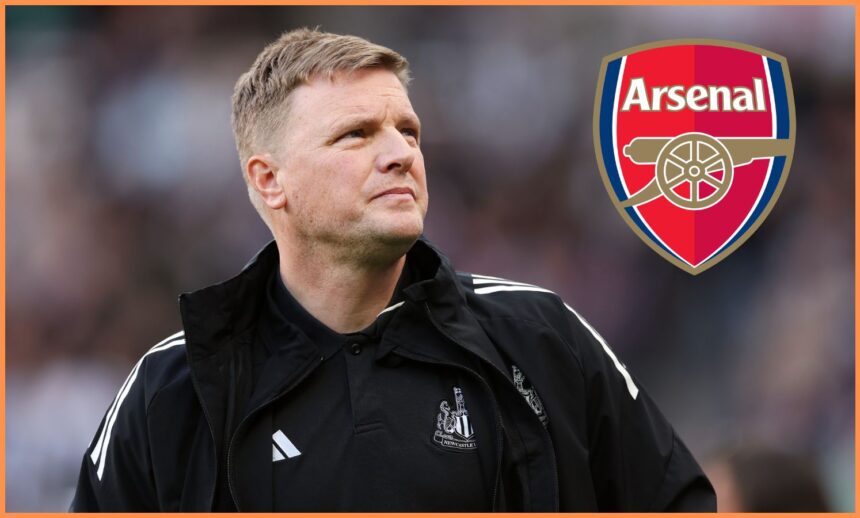 Eddie Howe looks on, and Arsenal FC logo