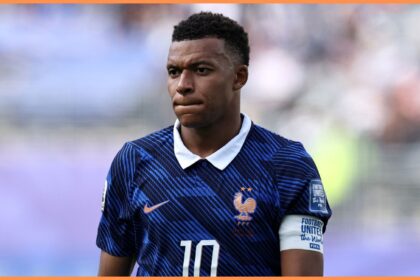 France star Kylian Mbappe looks on