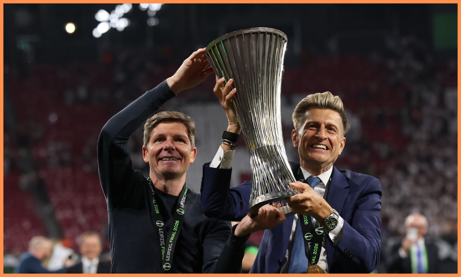 Oliver Glasner with the Europa Conference League trophy