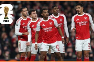 Mikel Merino, Martin Zubimendi, Cristhian Mosquera, Jurrien Timber, and William Saliba of Arsenal