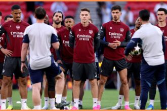 Arsenal players in training before the Champions League final