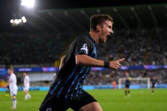 Christos Tzolis celebrates a goal for Club Brugge