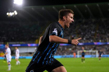 Christos Tzolis celebrates a goal for Club Brugge