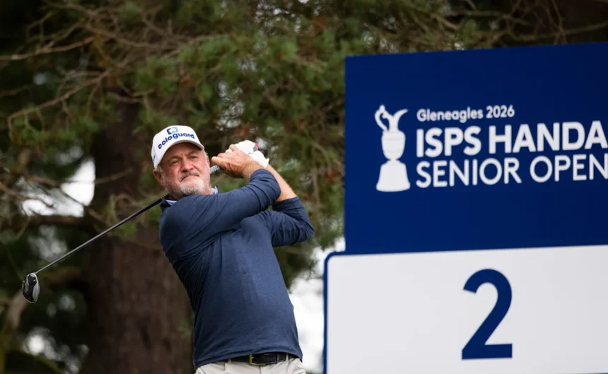Jerry Kelly plays his tee shot from the third hole during the final round of the 2026 ISPS Handa Senior Open at Gleneagles.