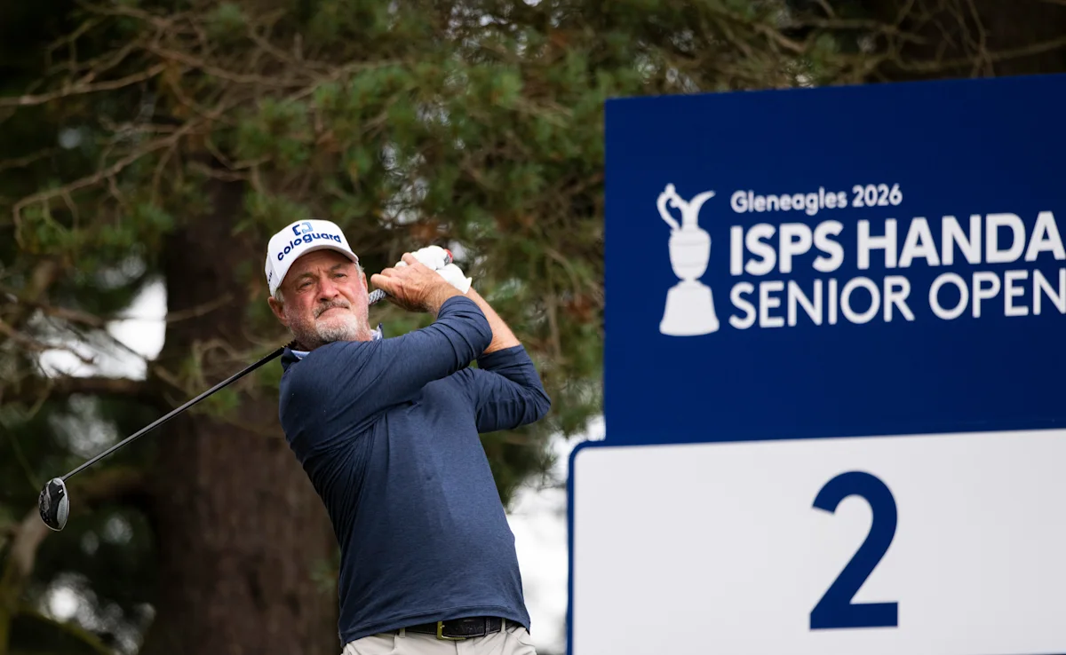 Jerry Kelly plays his tee shot from the third hole during the final round of the 2026 ISPS Handa Senior Open at Gleneagles.
